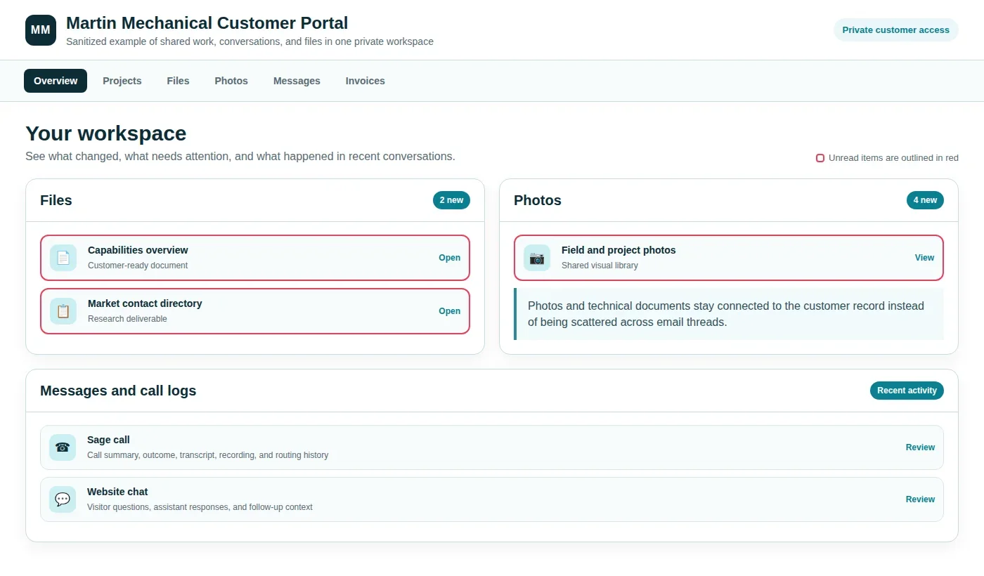 Sanitized customer portal showing files, photos, messages, and call records Sanitized customer portal showing files, photos, messages, and call records