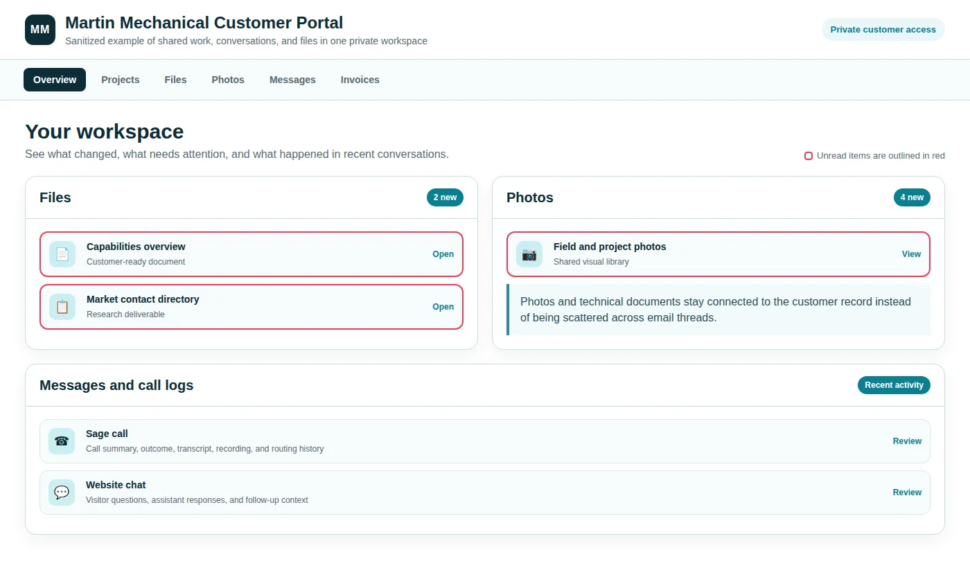 Sanitized Martin Mechanical customer portal showing files, photos, messages, and call logs